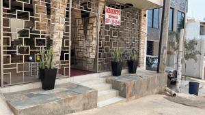 a store front with three potted plants on the stairs at Villanueva Suite’s in Chacala