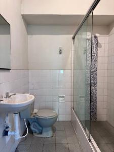 Un baño con inodoro, lavabo y ducha. en La Condamine Apart Hotel, en Iquitos 21 fotos más