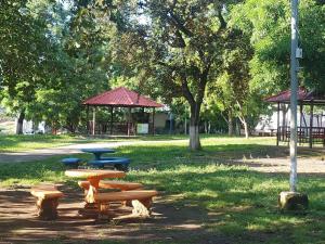 un groupe de tables de pique-nique dans un parc dans l'établissement La Campana, à San Miguel