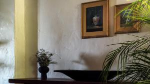 a table with a vase and a plant on a wall at La Playa Hotel in Carmel