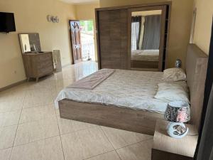 een slaapkamer met een groot bed en een spiegel bij Guesthouse Celeste in São Tomé