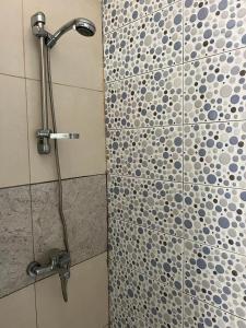 een douche met een douchekop in een badkamer bij Guesthouse Celeste in São Tomé