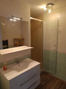 a bathroom with a sink and a shower and a mirror at Ha-Py Family in Campan