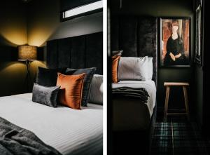 2 fotos de un dormitorio con una cama y una lámpara en The Amalfi Minimalist Room 607 en Hepburn Springs