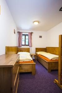 Cette chambre comprend 2 lits et une fenêtre. dans l'établissement Horská chata Skácelka, à Rokytnice nad Jizerou