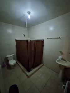 a bathroom with a shower and a toilet and a sink at Departamento Victoria in Saltillo