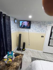 A cool unique place from home في Elmont: غرفة معيشة مع تلفزيون على الحائط