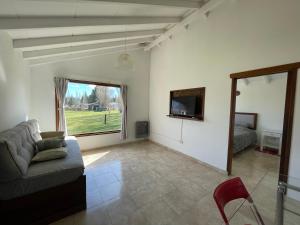 uma sala de estar com um sofá, uma cama e uma janela em Viento y montaña em San Carlos de Bariloche