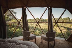 a bed and two chairs in a room with a large window at GLAMPING TICA NATIVO in Villa Carlos Paz