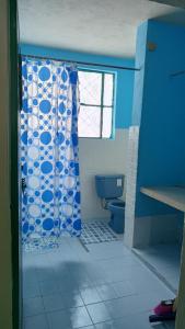 ein Badezimmer mit einem blauen WC und einem Duschvorhang in der Unterkunft Apto Yori: amplio y equipado. in Mérida