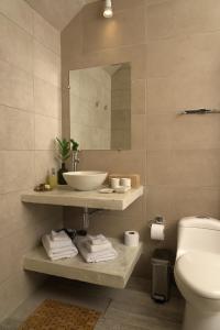 a bathroom with a sink and a toilet and a mirror at Anaté Beach Apartments, Mangel Alto in Savaneta