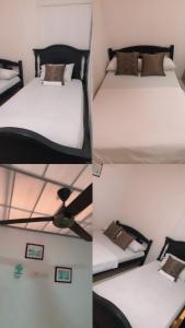 three different views of a bed in a room at Hostal Mía Apá in Necoclí