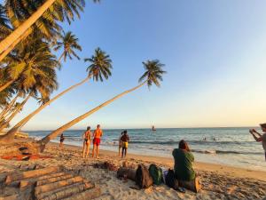 um grupo de pessoas numa praia com palmeiras em iHome Backpacker Resort em Mui Ne