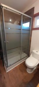a bathroom with a glass shower and a toilet at Cabaña / loft in Puerto Montt