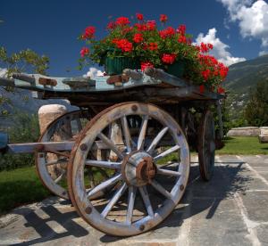 un carrello di legno con dei fiori sopra di Hotel Milleluci ad Aosta