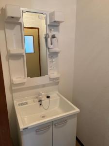 a bathroom with a white sink and a mirror at The Pine 京都嵐山 in Kyoto