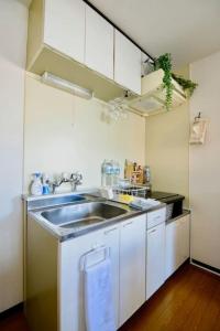 eine kleine Küche mit einer Spüle und einer Theke in der Unterkunft SouthHouseS札幌市中心部まで徒歩5分 in Sapporo