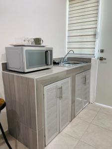 a kitchen with a microwave and a sink at InDomus Rooms in Bacurimi