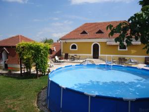
a swimming pool with a blue roof and blue walls at Gombás Kúria Mansion Boutique B&B in Balatonfüred
