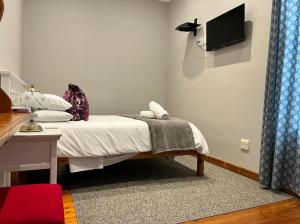 a bedroom with a bed with a tv on the wall at Ramble Guest House in Riversdale