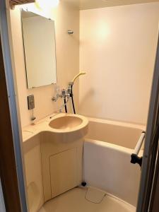 a bathroom with a sink and a mirror and a tub at フューデイズコンドミニアム定山渓206号室 in Jozankei