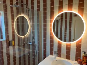 a bathroom with two mirrors and a shower and a sink at Relais Manderen in Manderen +25 photos