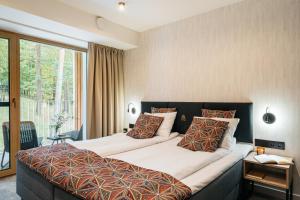 pokój hotelowy z dużym łóżkiem i oknem w obiekcie Narusa Leśna Przystań we Fromborku