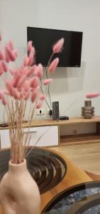 a vase with pink flowers in front of a tv at Mina Apartment in Tirana