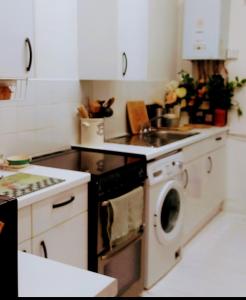 a kitchen with a stove and a sink and a dishwasher at Centrel to london single bed room quiet home with host and breakfast in London