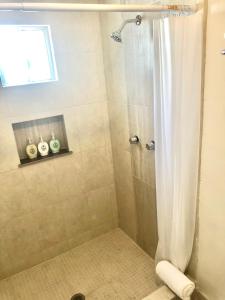 La salle de bains est pourvue d'une douche avec rideau de douche. dans l'établissement Departamento Zona Dorada H2, à Mexicali