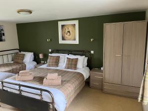 two beds in a bedroom with green walls at Pentland view croft with a sea view in Melvich