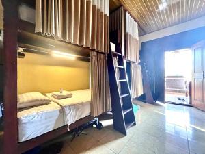 a bedroom with a bunk bed and a ladder at Desa Hostel in Munduk