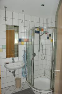 La salle de bains est pourvue d'une douche et d'un lavabo. dans l'établissement Haus am Lahnbach, à Schwaz