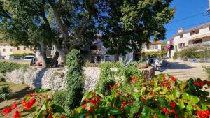 un jardin avec des fleurs rouges et un mur en pierre dans l'établissement Sobe Biserka i Mario Brseč, à Brseč