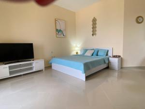 um quarto com uma cama e uma televisão de ecrã plano em Sea view near the beach 2 em Ras al-Khaimah
