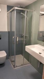 a glass shower in a bathroom with a sink at A 2 passi dagli impianti in Mezzana