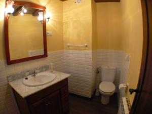 ein Badezimmer mit einem Waschbecken, einem WC und einem Spiegel in der Unterkunft 1 P Casa de los Fernandez Rajo in Orihuela del Tremedal