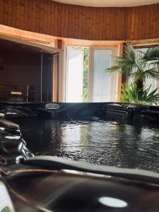 a black counter top in a room with a window at Kinizsi Udvar Apartmanház in Balatonboglár