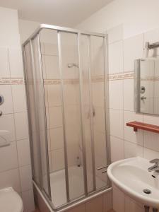 een douchecabine in een badkamer met een wastafel bij Residenz am Haferland in Wieck