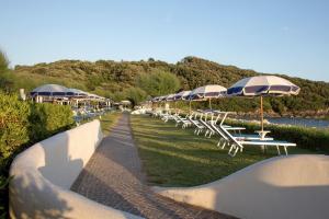 a row of tables and chairs with umbrellas on the grass at Dimora del Leone Gaeta in Gaeta