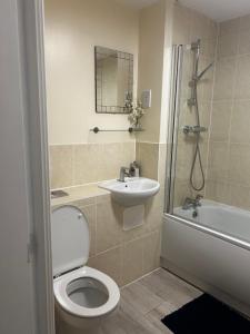 a bathroom with a toilet and a sink and a shower at Stylish 2 bedroom Apartment-Short term lets & Serviced Accomodation Reading in Reading