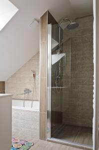 a bathroom with a shower and a bath tub at Boutique apartmán in Krompachy