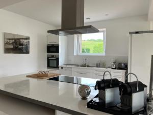 una gran cocina blanca con encimera y ventana en Les Cerisiers Binel à Ronsac, en Aigrefeuille