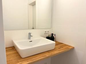a bathroom with a white sink and a mirror at Neue, ruhige Ferienwohnung in Wolfegg