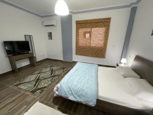 a bedroom with a bed and a television in it at Elegant Garden-view 1BR in New Cairo in Cairo