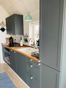 a kitchen with blue cabinets and a sink at Harbour Living in Hvide Sande