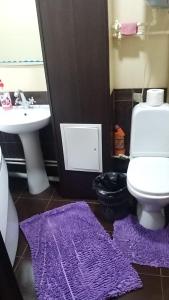 bagno con servizi igienici, lavandino e tappeto viola di Квартира 3-х комнатная a Temirtaū