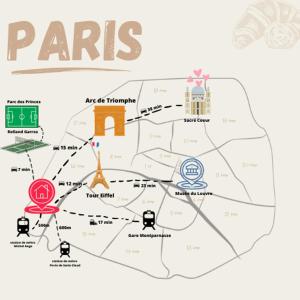 een kaart van Parijs met bezienswaardigheden en attracties bij Appartement très lumineux porte de Saint-Cloud - F3 avec suite parentale in Parijs