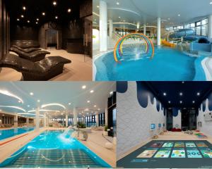 un collage de tres fotos de una piscina en Polanki Aqua - Aquapark - Apartments M&M Kołobrzeg, en Kołobrzeg