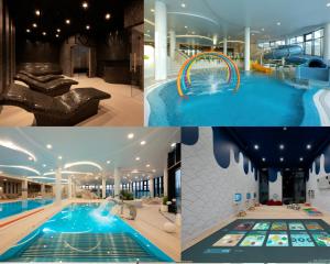 a collage of three pictures of a swimming pool at Polanki Aqua - Aquapark - Apartments M&M Kołobrzeg in Kołobrzeg